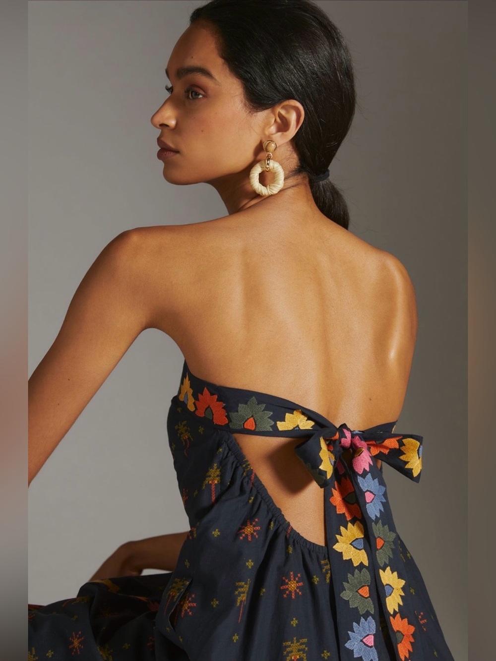 Farm Rio Anthropologie For Embroidered Maxi Dress Black Embroidery Size Small - Picture 3 of 14